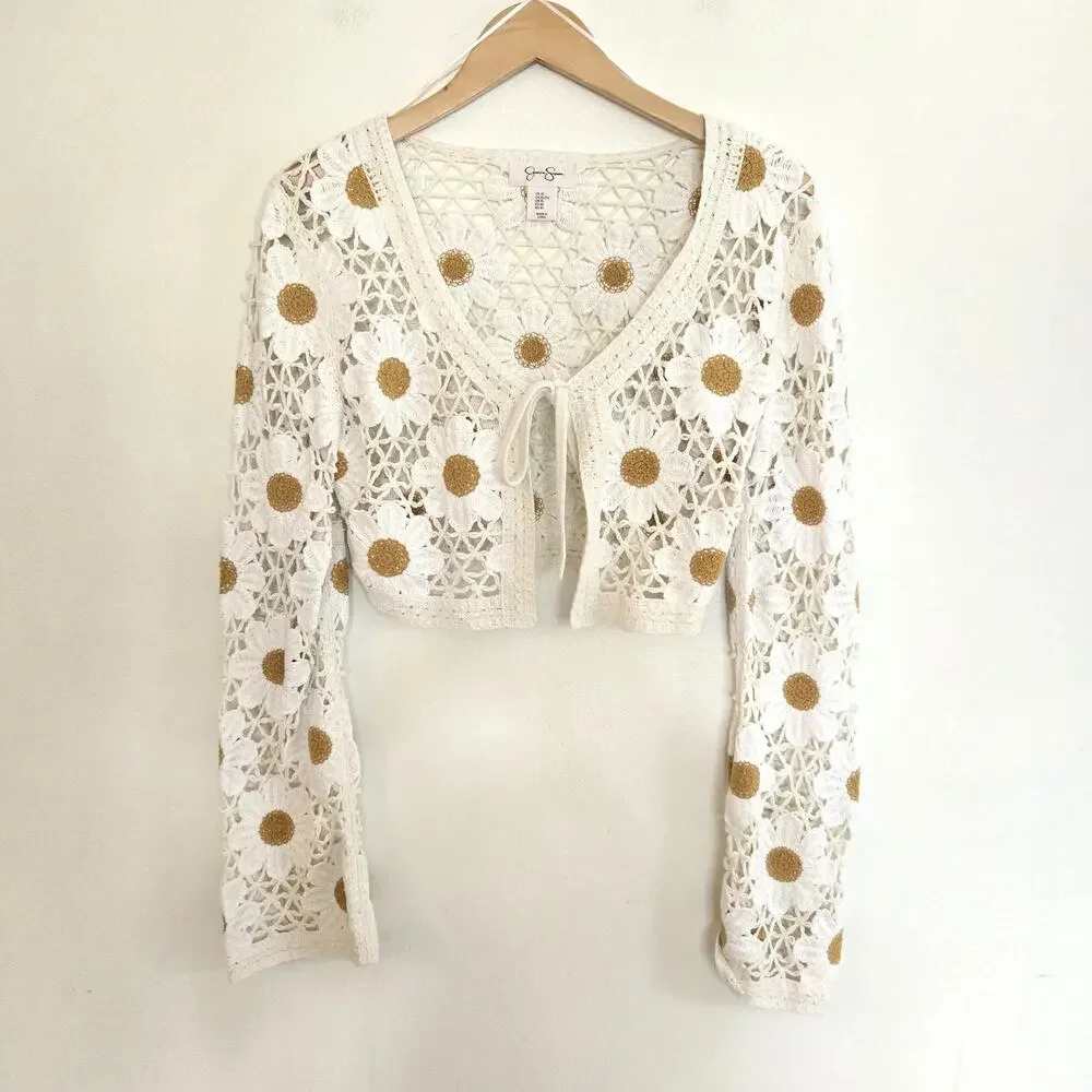 Jessica Simpson Daisy Floral Crochet Crop Cardigan White Cream XL
